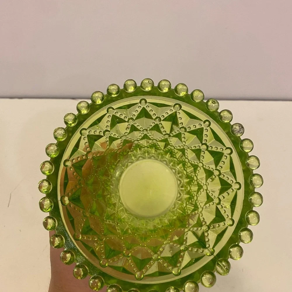 Vintage Art Glass Vase Beaded Diamond  Design Pattern Green